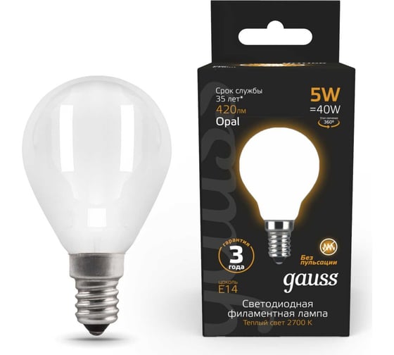 Изображение товара Лампа Gauss LED Filament Шар OPAL E14 5W 420Лм 2700K SQ 105201105