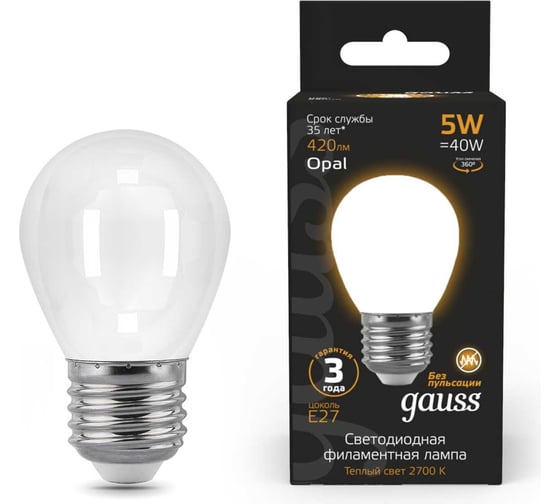 Изображение товара Лампа Gauss LED Filament Шар OPAL E27 5W 420Лм 2700K SQ 105202105