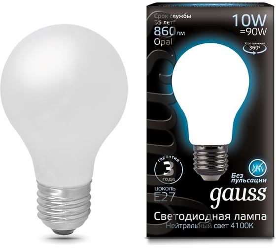 Изображение товара Лампа Gauss LED Filament A60 OPAL E27 10W 860Лм 4100К SQ 102202210