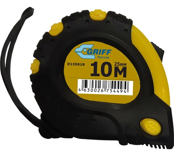 Изображение товара Рулетка 10мх25мм с 3 фиксаторами, в обрезиненном корпусе GRIFF d135018