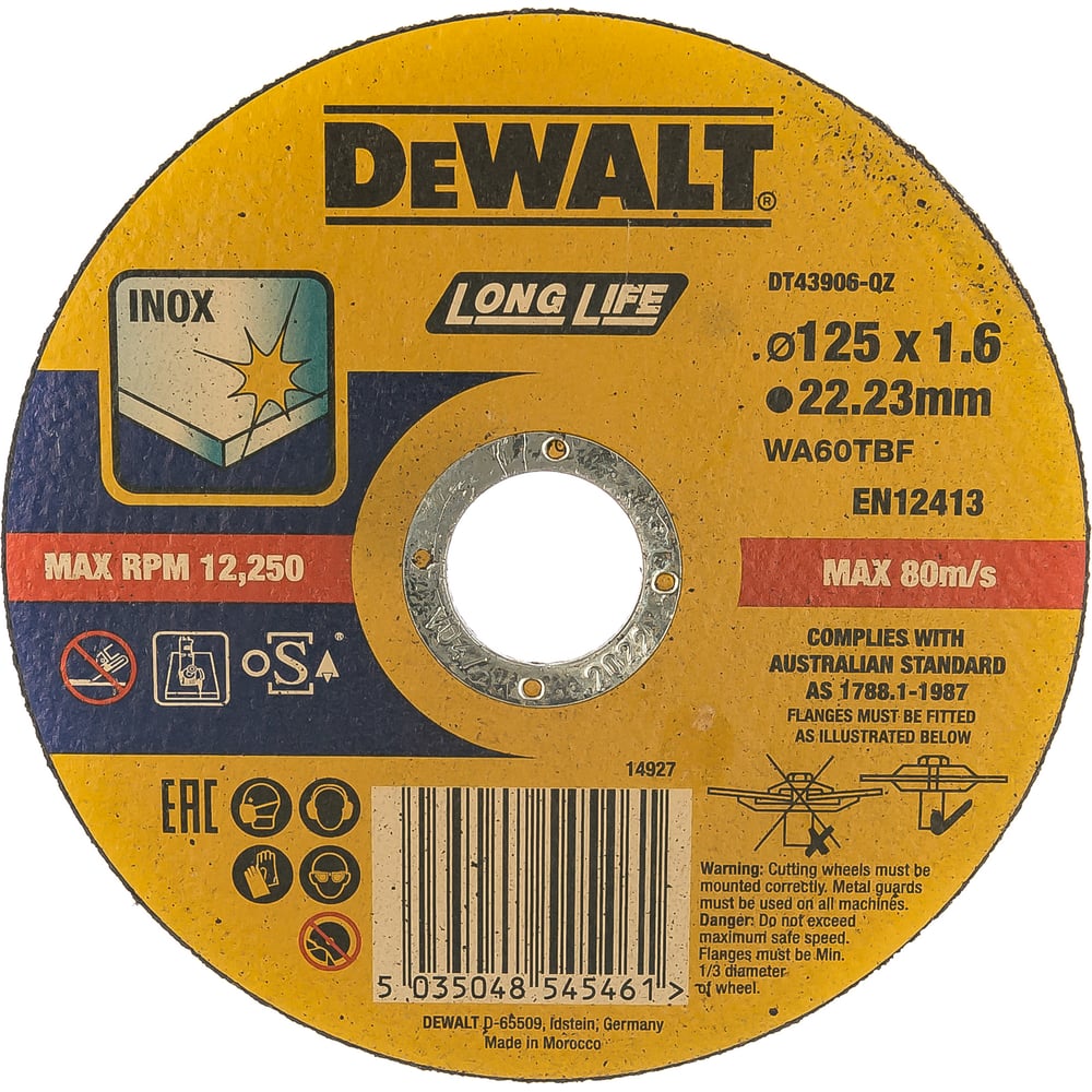 фото Круг отрезной 125x22.2x1.6 мм, тип 4 dewalt dt43906