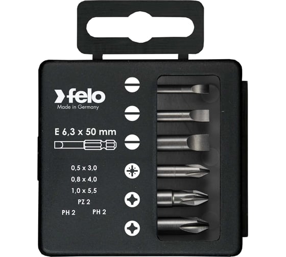 Изображение товара Набор бит шлицевых плоских, PZ2 и PH1-2 50 мм в упаковке, 6 шт Felo 03092516
