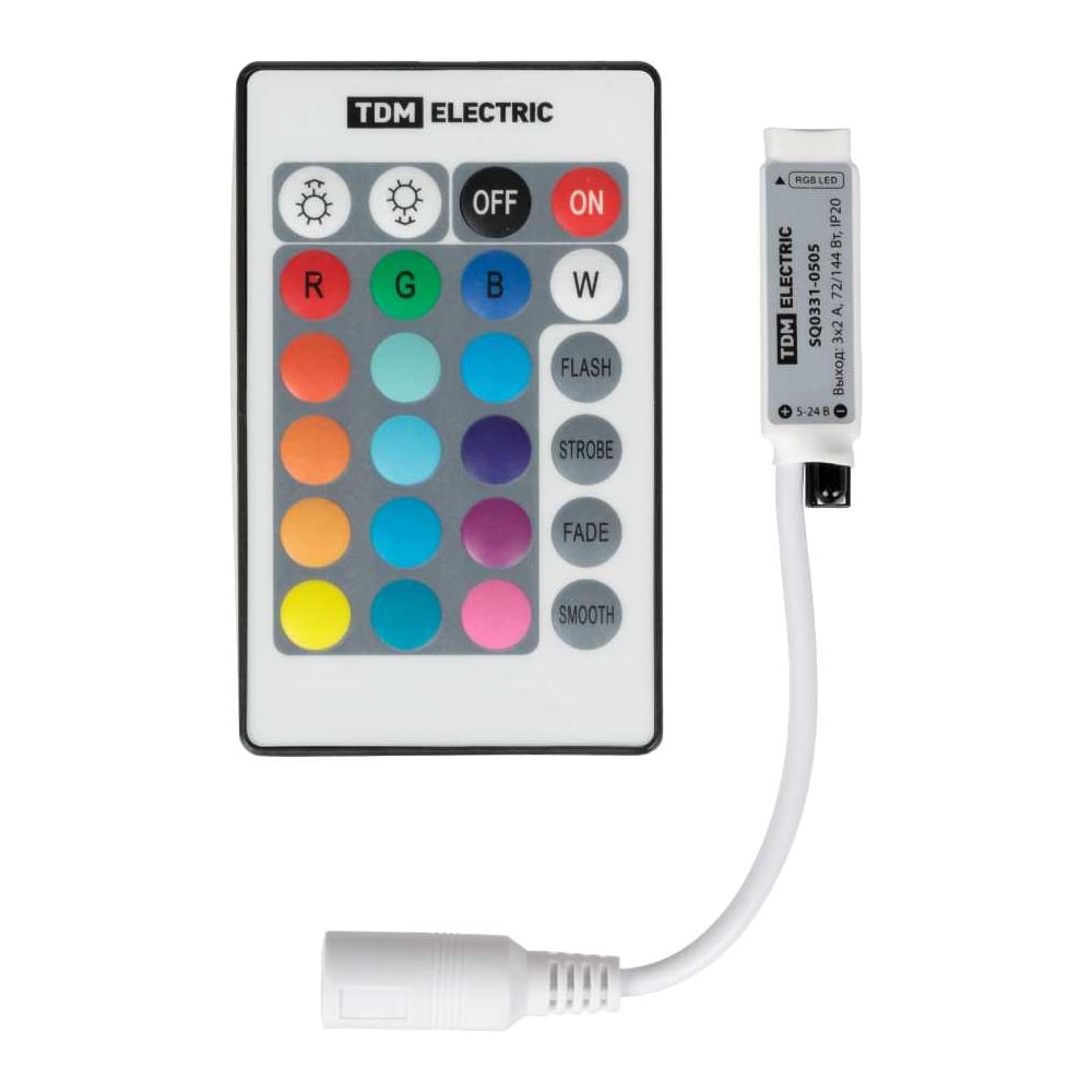 Изображение товара Контроллер для светодиодной ленты и модулей RGB-IR-12В-6А-72Вт-IP20 TDM ELECTRIC, 3 канала, пульт 24 кнопки SQ0331-0505