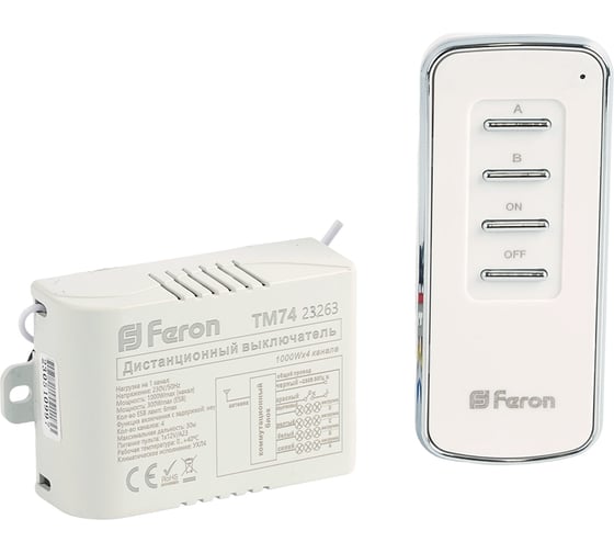 Изображение товара Дистанционный выключатель FERON TM74 230V 1000W 4-х канальный 30м с пультом управления, белый 23263