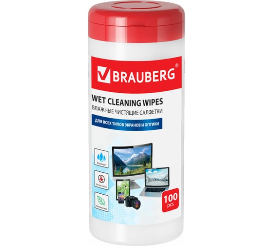 Изображение товара Влажные чистящие салфетки для экранов мониторов и оптических поверхностей BRAUBERG 510122