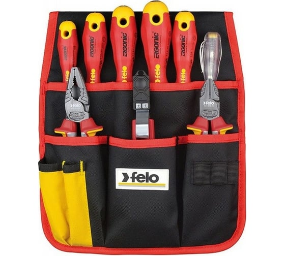 Изображение товара Набор диэлектрических отверток Felo Ergonic с диэлектрическими пасатижами, бокорезами, ножом для снятия изоляции и отверткой тестером сети, 9 шт 41399504