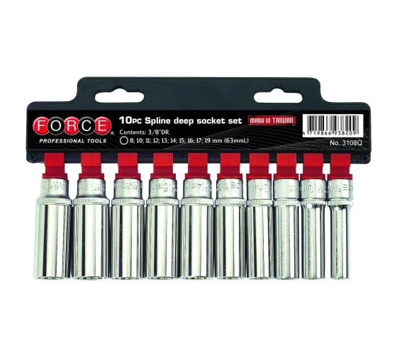 Изображение товара Набор универсальных длинных головок 3/8", Spline, 63 мм, 8-19 мм, 10 шт. FORCE 3108Q