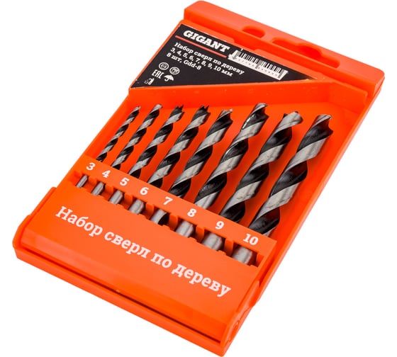Изображение товара Набор сверл по дереву 3-4-5-6-7-8-9-10 мм, 8 шт, пластиковый кейс Gigant Gdd-8