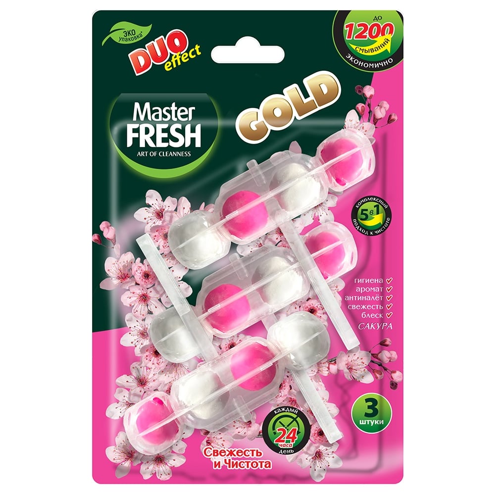 Изображение товара Подвесной блок для унитаза Master Fresh Duo Effect Gold 5 в 1, аромасакура, 3 шт