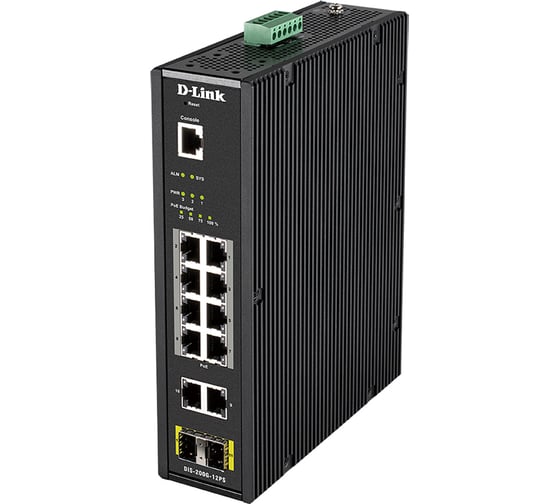 Изображение товара Промышленный управляемый коммутатор d-link 2 уровня с 10 портами 10/100/1000base-t и 2 портами 1000base-x sfp, 8 портов с poe DIS-200G-12PS/A2A