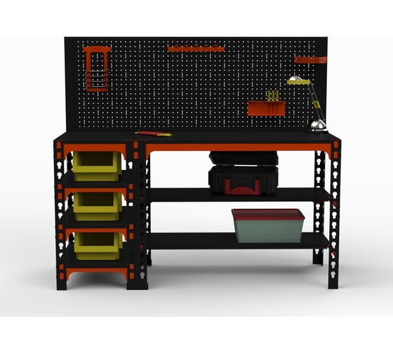 Изображение товара Стол металлический с боковыми полками и перфопанелью ООО Металекс 750x1600x600 мм, оранжево-чёрный SBFO751660