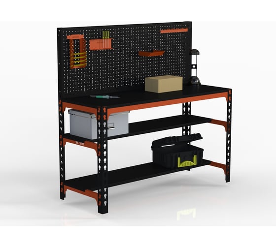 Изображение товара Стол металлический с двумя полками, перфопанелью и комплектом аксессуаров ООО Металекс 750x1400x500 мм, оранжево-чёрный SMMOPIIPRIA751450