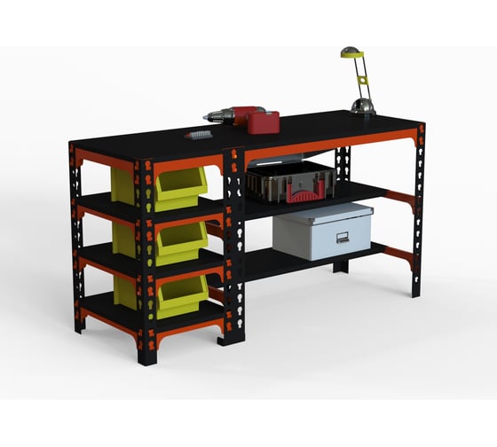 Изображение товара Стол металлический с боковыми полками ООО Металекс 750x1400x400 мм, оранжево-чёрный SBO751440
