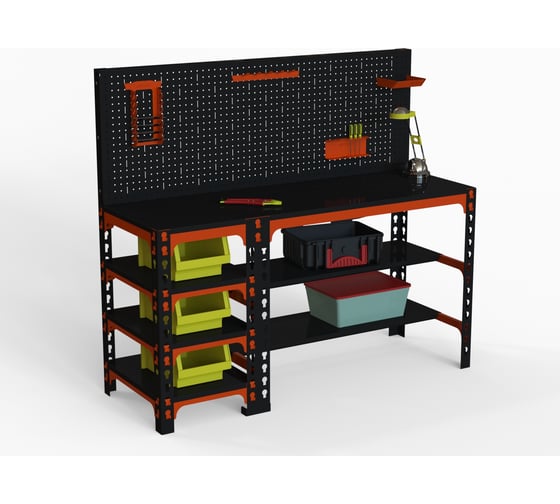 Изображение товара Стол металлический с боковыми полками и перфопанелью ООО Металекс 750x1200x400 мм, оранжево-чёрный SBFO751240