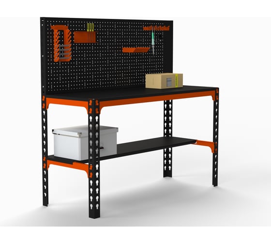 Изображение товара Металлический стол ООО Металекс Metalex 750x1000x400 + перфопанель с комплектом аксессуаров (оранжево-чёрный) SMMOPRIA751040