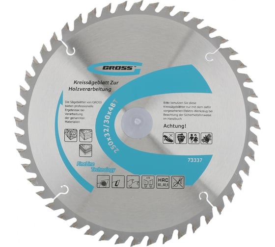 Изображение товара Пильный диск по дереву 250x32/30 мм, 48Т GROSS 73337