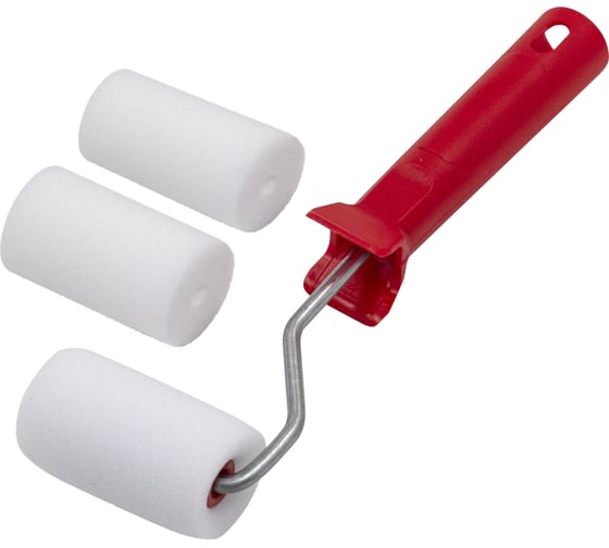 Изображение товара Малярный мини-валик с рукояткой РемоКолор поролон, ось 6 мм, d 15 мм + 2 сменные шубки, 65 мм 04-2-109