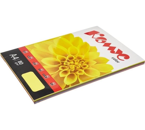 Изображение товара Цветная бумага Комус color микс интенсив, 5 цветов: желтый, красный, оранжевый, зеленый, голубой, 80 г, а4,100 л 658908