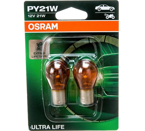 Изображение товара Автолампа PY21W BAU15s YELLOW ULTRA LIFE 12В 2 штуки 1.10.50 7507ULT-02B 7507ULT-2BL Osram 775785