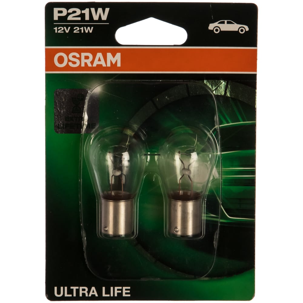 фото Автолампа, блистер, 2шт. osram p21w ba15s ultra life 12v /1/10/50 7506ult-02b