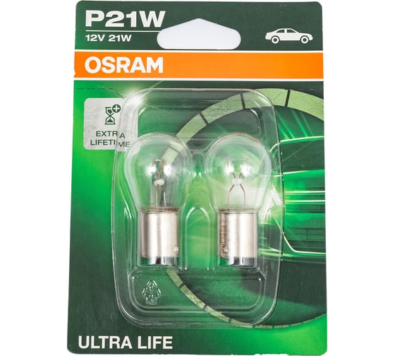 Изображение товара Автолампа P21W BA15s ULTRA LIFE 12В 2 штуки 1.10.50 7506ULT-02B 7506ULT-2BL Osram 775779