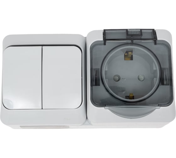 Изображение товара Блок ОП Systeme Electric Этюд 2-кл. выкл. + евророз. защ. шторки IP44 серый BPA16-242C