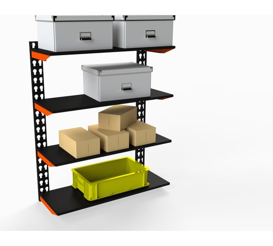 Изображение товара Модульный стеллаж ООО Металекс серии FLY 1000x900x300 мм, 4 полки, оранжево-черный 110039