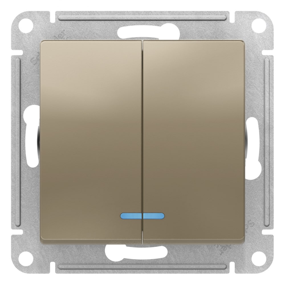 фото 2-клавишный механизм выключателя schneider electric atlas design с подсветкой сх.5а 10ах шампань atn000553