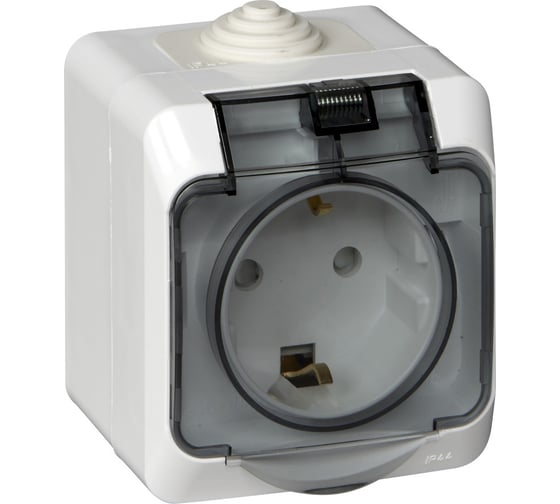 Изображение товара Розетка Systeme Electric 1-м ОП Этюд 16А с защитной крышкой, защитные шторки, с заземлением, IP44, белая PA16-044B