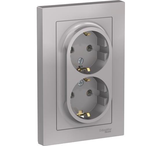 Изображение товара Двухместная розетка Systeme Electric ATLAS DESIGN с заземлением 16А в сборе алюминий ATN000324