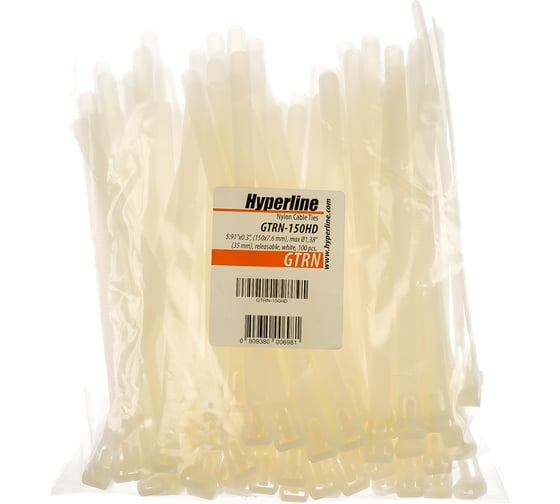 Изображение товара Нейлоновая стяжка Hyperline GTRN-150HD безг, 150x7.6 мм, полиамид 6.6, -40C - +85C, 100 штук 27277