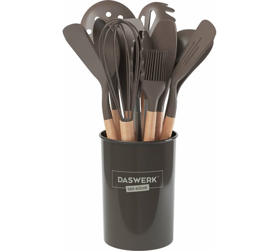 Изображение товара Набор силиконовых кухонных принадлежностей с деревянными ручками 12 в 1 DASWERK серо-коричневый 608195