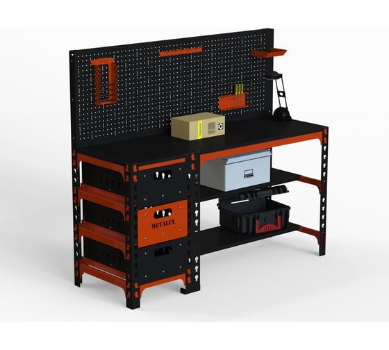Изображение товара Металлический стол ООО Металекс 750x1200x400 мм, с выдвижными ящиками и перфопанелью оранжево-чёрный SBYFO751240