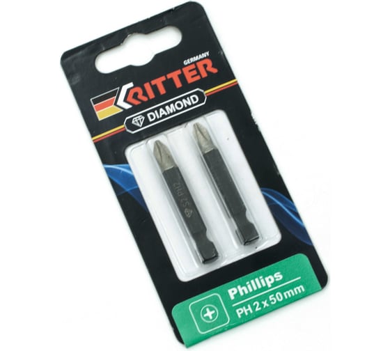 Изображение товара Бита Diamond PH2x50 мм, магнитная, алмазное покрытие, сталь S2, 2 шт в блистерной упаковке RITTER PS20112055