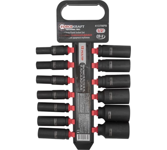 Изображение товара Набор головок ударных глубоких 13 предметов, 1/2''DR, на пластиковом держателе Forcekraft FK-4137MPB(52543)