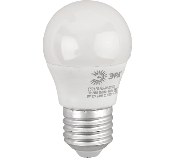 Изображение товара Светодиодная лампа ЭРА ECO LED P45-8W-827-E27, шар, теплый Б0030024