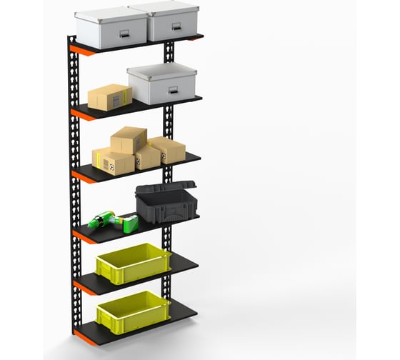 Изображение товара Модульный стеллаж ООО Металекс серии FLY 2000x700x200 мм, 6 полок, оранжево-чёрный 110107