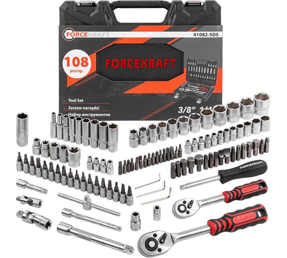 Изображение товара Набор инструментов Forcekraft 108 предметов 1/4" 3/8"(6 гр.) (4-22 мм) FK-41082-5DS(52659)