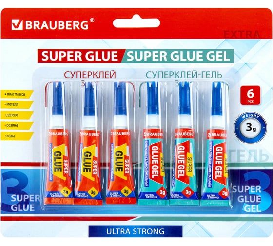 Изображение товара Моментальный клей-гель + суперклей BRAUBERG Extra набор 6 тюбиков по 3 г 608108