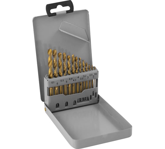 Изображение товара Набор спиральных сверл по металлу HSS TiN в металлическом кейсе TDBS13 (13 шт; 1.5-6.5 мм) Thorvik 52480