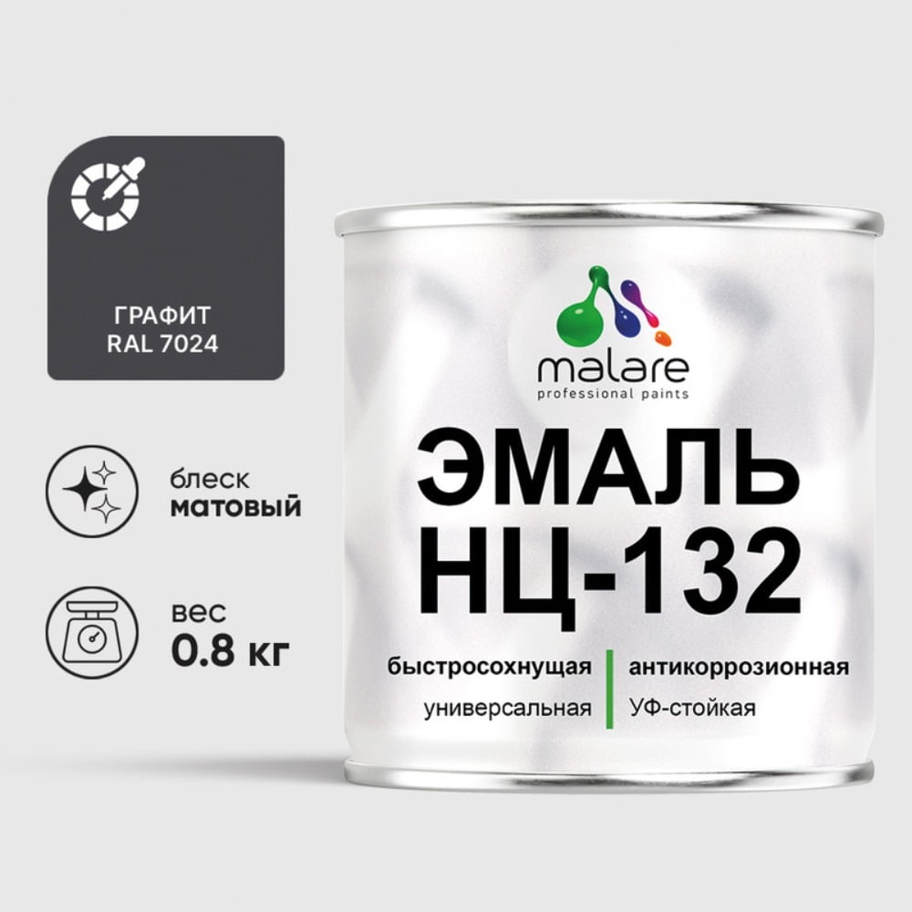 Изображение товара Эмаль MALARE НЦ-132 для металла дерева и камня, матовая, RAL 7024, 0.8кг