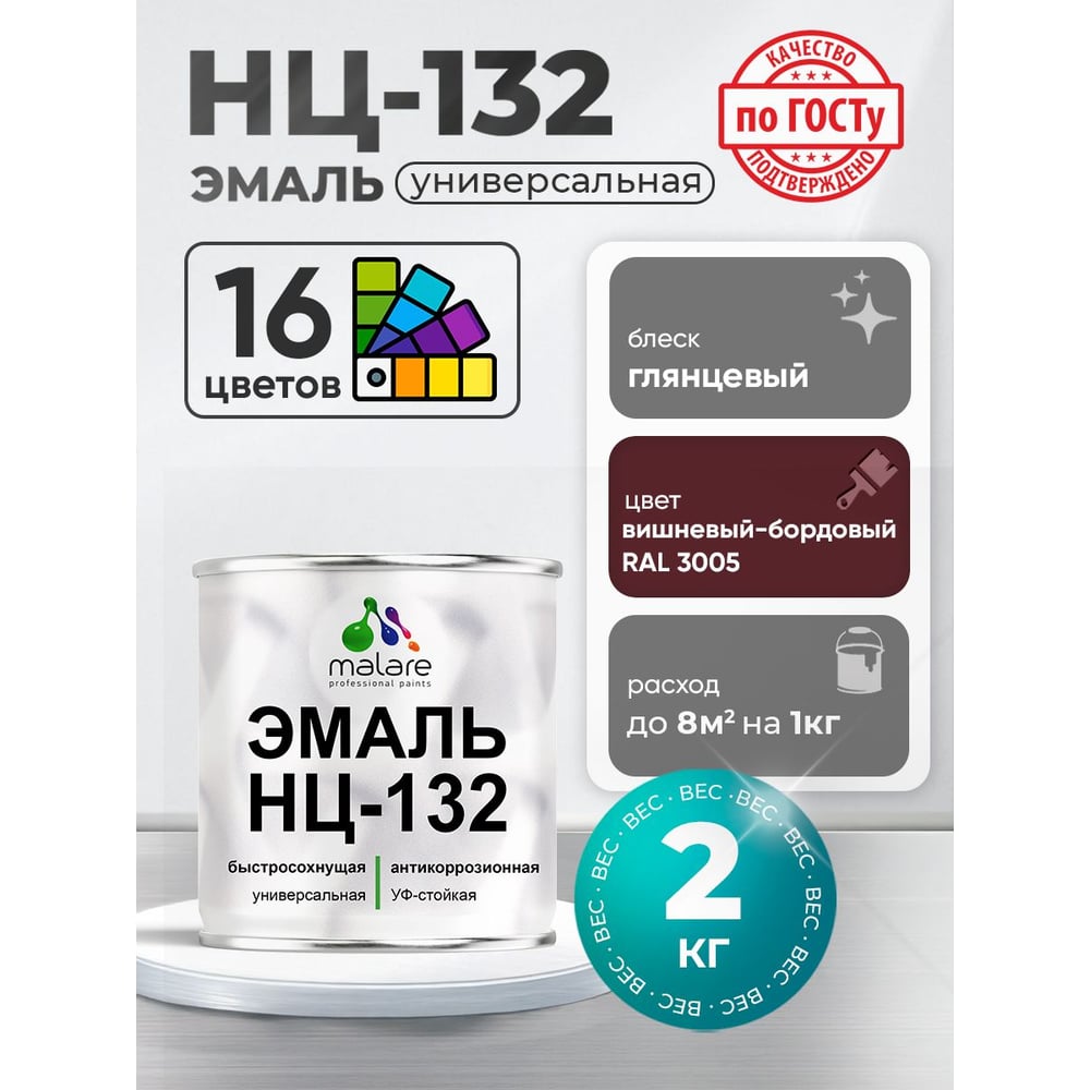 Изображение товара Эмаль MALARE НЦ-132 для металла дерева и камня вишнево-бордовая глянцевая 2 кг
