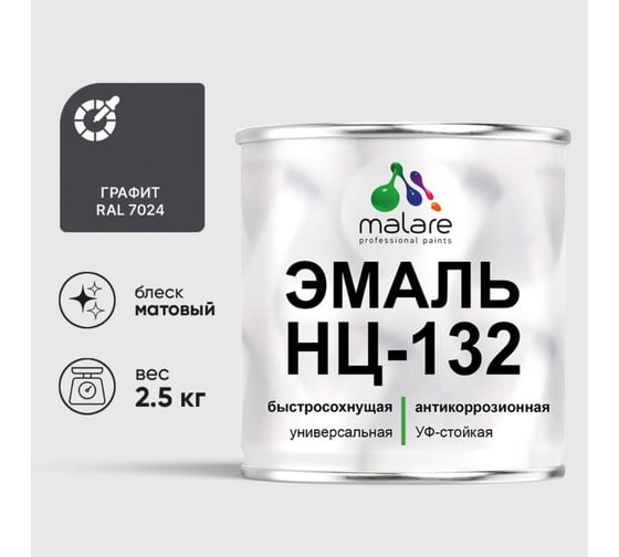 Изображение товара Эмаль НЦ-132 MALARE, для металла, по дереву, для минеральных поверхностей, RAL 7024, графитово-серый (темный), матовая, 2,5 кг ЭНЦ1327024М0250
