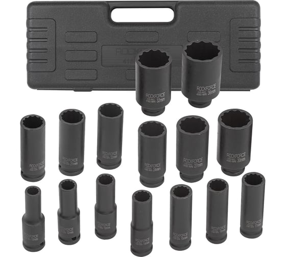 Изображение товара Набор головок ударных глубоких 15 предметов, 1/2" DR, в кейсе Rockforce RF-4166D-9MPB(52992)