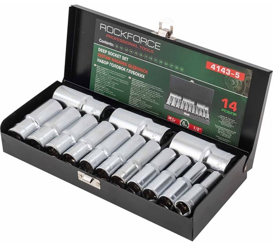 Изображение товара Набор головок глубоких 14 предметов, 1/2" DR, в металлическом кейсе Rockforce RF-4143-5 RED(11853)