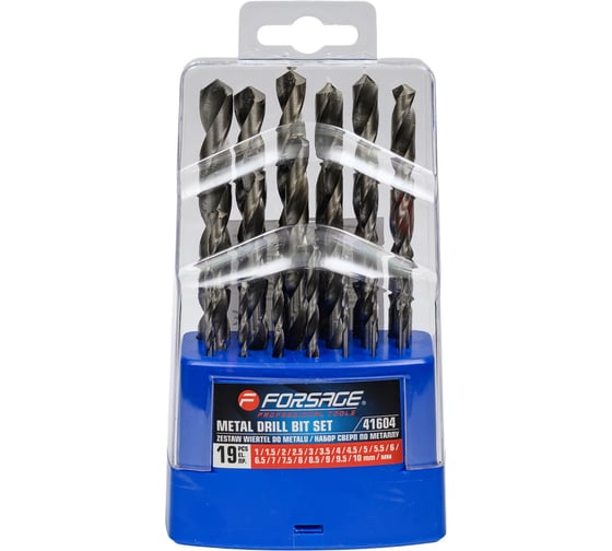 Изображение товара Набор сверл по металлу 19 предметов (1-10 мм, шаг 0.5 мм, в пластиковом футляре) Forsage F-41604(51920)