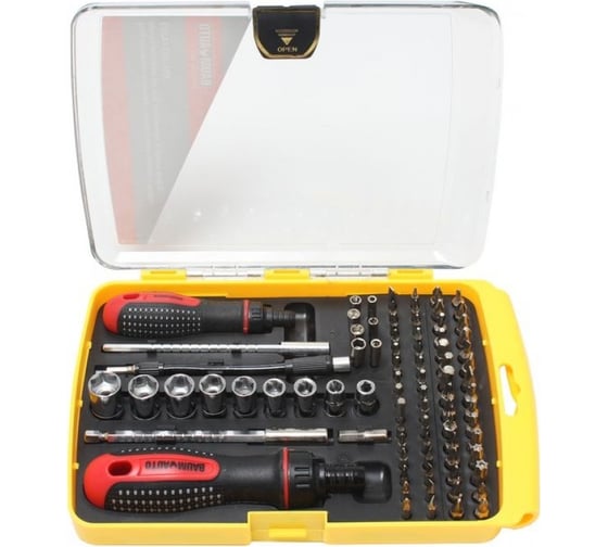 Изображение товара Набор реверсивных телескопических отверток для ювелирных и точных работ BaumAuto с гибким удлинителем, комплектом бит и головок, 83 предмета в пластиковом футляре BM-30314283(15718)