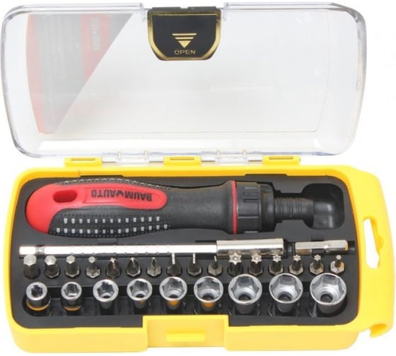 Изображение товара Реверсивная отвертка с комплектом бит и головок BaumAuto телескопическая, 28 предметов в пластиковом футляре BM-30314228(15711)