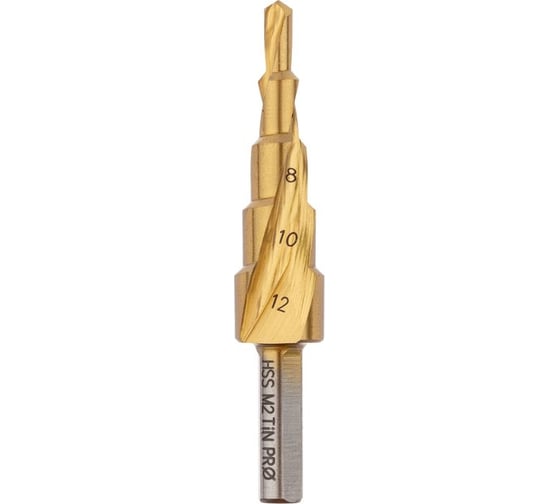 Изображение товара Сверло ступенчатое по стали (4-12 мм, 5 ступеней, HSS-G M2 TIN, хвостовик 6 мм) Профоснастка № 3301 30106001