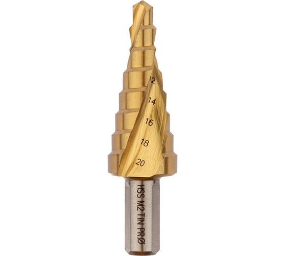 Изображение товара Сверло ступенчатое по стали (6-20 мм, 8 ступеней, HSS-G M2 TIN, хвостовик 10 мм) Профоснастка № 3307 30106007